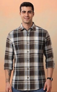 Chemise décontractée pour homme Enovate, en coton à carreaux marron, double boutonnage, manches longues, col rabattu, respirante, style été - Product Image 1