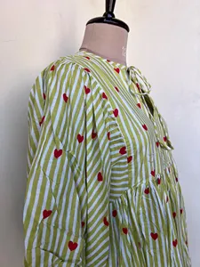 <b>Women's</b> Boho Yellow Striped Heart Print Cotton Midi Dress Tie-Neck 3/4 Puff Sleeve Casual Summer Dress - Product Image 5