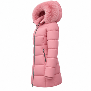 Veste longue matelassée unisexe rose à capuche en fourrure, manteau d'hiver en toile avec blocs de couleur, garniture en fourrure, fermeture éclair, coupe-vent, épaisse, coupe ajustée, décontractée - Product Image 4