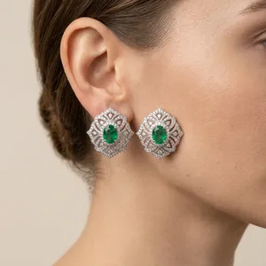 Boucles d'oreilles pendantes géométriques florales en émeraude naturelle de Zambie avec halo, bijoux de fête pour femme en argent 925 - Product Image 6