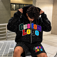 Ensemble de survêtement pour homme 100% Coton avec patch en strass, style USA, comprenant un short clouté tendance et un sweat à capuche zippé oversize avec broderie unie