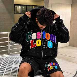 Conjunto de chándal para hombre de algodón 100% con parche de pedrería, estilo americano, a la moda, con shorts con tachuelas, sudadera con capucha extragrande con cremallera y bordado sólido. - Product Image 3