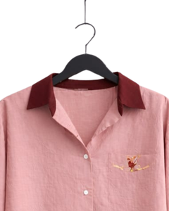 Conjunto de dos piezas para mujer, camisa rosa y pantalones anchos color borgoña, conjunto informal de algodón y lino, ropa de verano con bolsillo bordado - Product Image 6