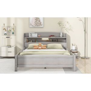 Letto matrimoniale in legno grigio antico con luci LED, testiera contenitore e sponda di protezione - Product Image 5