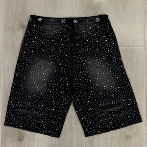 Men's Black <b>Sequined</b> Bermuda <b>Shorts</b> With Rhinestone Dot Pattern And Front Logo Street Style Mid Waist Button Fly - Product Image 2