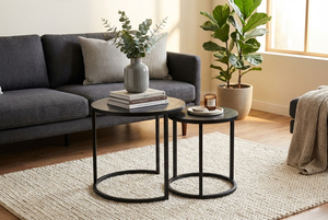 Modern Industrial Black Metal <b>Nesting</b> <b>Tables</b> Set 2 Durable Minimalist <b>Circular</b> Side <b>Tables</b> Space Saving End <b>Tables</b> Living Room - Product Image 2