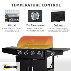 Barbecue a Gas Propano da Esterno 52 Pollici con 4+1 Bruciatori, Carrello in Acciaio Nero, Bruciatore Laterale, Griglia Riscaldante, Accensione Automatica, Alimentazione a Carbone - Product Image 5