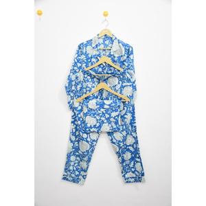 Conjunto de Pijama Azul 100% Algodón para Mujer, Estampado Floral a Mano, Manga Larga, Ropa de Dormir Tejida, Conjunto para Primavera e Invierno - Product Image 4