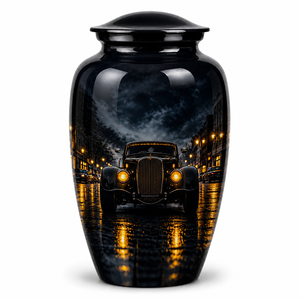 Autocollant photo magnifique et saisissant de paysage nocturne de ville sous la pluie avec urne funéraire commémorative en émail pour cendres humaines d'adultes - Product Image 4