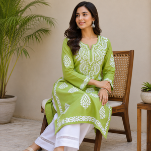 High Demand Lime Green Hand <b>Embroidered</b> Lucknowi Chikankari Straight Kurti - Elegant Cotton Ethnic <b>Tunic</b> - Product Image 3