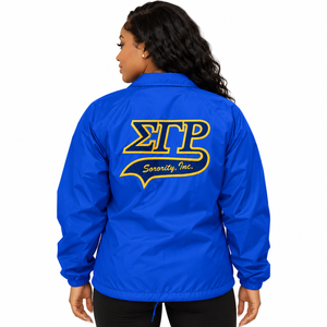 Veste Coach Femme Bleu Cobalt à Manches Longues avec Boutons Pression, Coupe-Vent Léger Brodé de Lettres Jaunes, Idéale pour l'Extérieur et les Loisirs - Product Image 2