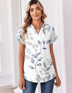 Women V-Neck Short Sleeve Floral Print T-Shirt Loose Fit Casual Summer Top White Blue Leaves <b>Pattern</b> <b>Knitted</b> Cotton - Product Image 2