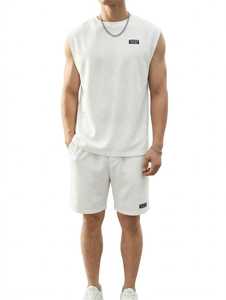 Ensemble T-shirt sans manches et short pour homme ONETEN, blanc uni, décontracté, été, col rond, tenue 2 pièces - Product Image 2