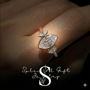 Bague de fiançailles en moissanite taille marquise 2 carats, bague en or massif 14 carats, bague de mariage taille marquise à demi-sertissage, trois pierres pour anniversaire - Product Image 5