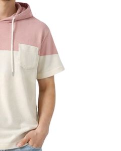 เสื้อฮู้ดแขนสั้นผู้ชายแบบสั่งทำพิเศษ สีชมพู แต่งบล็อกสี สไตล์ลำลอง มีกระเป๋า ผ้าคอตตอนผสมเนื้อนุ่ม สวมใส่สบาย - Product Image 3