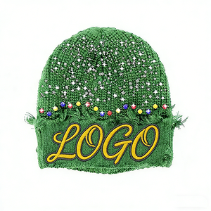 OEM 2026 Warm Custom Embroidered logo Pattern Rhinestone Distressed Hem <b>Knitted</b> Hat Custom Logo Rhinestone Knit <b>Beanie</b> - Product Image 1