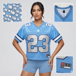 Camiseta Deportiva de Fútbol Americano Azul Cielo con Pedrería para Mujer, Malla Transpirable de Poliéster, Cuello en V, Estilo Urbano, Número Brillante, OEM - Product Image 1