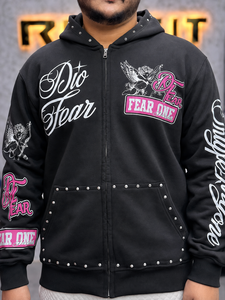 Sudadera con capucha negra personalizada para hombre, con cremallera completa, estampado gráfico con tachuelas, estilo urbano, extragrande, fabricada por OEM - Product Image 3