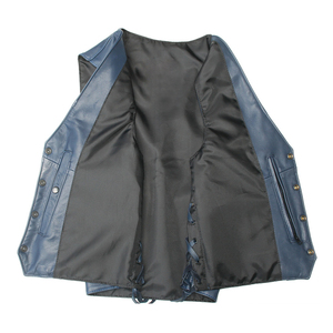Chaleco de Cuero PU Azul para Hombre, de Primera Calidad, sin Cuello, con Cierre de Cordones, Estilo Motero, Ropa de Abrigo Otoñal, Color Sólido, Corte Regular - Product Image 1