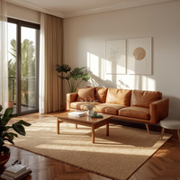 Canapé-lit carré moderne en cuir véritable marron cognac 3 places avec dossier à coussin et pieds en bois massif – Mobilier élégant pour la maison