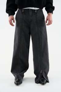 Pantalon en jean noir pour homme, taille haute, coupe large, avec fermetures éclair latérales, 100% coton, coupe ample, style décontracté, jeans en mélange de coton pour l'automne - Product Image 2