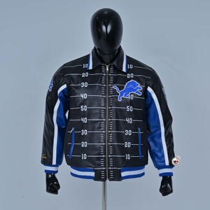 Vestes universitaires en cuir véritable Detroit Lions Football Field pour hommes, noires et bleues, zippées, brodées, doublées en polaire, vêtements décontractés d'hiver - Product Image 1