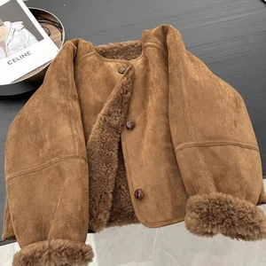 Women's Brown Suede Blouson Jacket With Faux Fur Lining Stand Collar Full Sleeve Winter Warm <b>Coat</b> - Product Image 1
