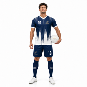 Ensemble Maillot et Short de Football Personnalisé Bleu Marine, Blanc et Or, Col en V, Uniforme d'Équipe de Football Sublimé, OEM, Anti-Transpiration, Extensible dans les Quatre Sens - Product Image 5