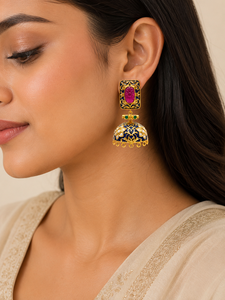 Handcrafted Blue Enamel Jhumka Earrings | Carved Pink Stone & Green <b>Emerald</b> Accents | Traditional Heritage Jewelry for Women - Product Image 4