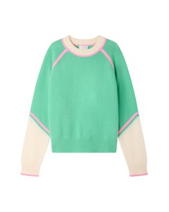 เสื้อสเวตเตอร์คอกลมถักสำหรับผู้หญิง สีสันตัดกัน สไตล์ลำลองสำหรับฤดูใบไม้ร่วง ทรงหลวม แขนยาว สีเขียว ชมพู ครีม - Product Image 4