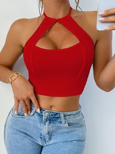 Ribbed Knit Halter Neck Cutout Activewear <b>Crop</b> <b>Top</b> Keyhole Front Tie Back Workout Sports Bra Elastic Athletic Tank - Product Image 1