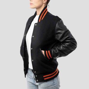 Premium Women's Wool & Leather Varsity Bomber Jacket Premium Wool Body Leather Sleeves Ribbed Cuffs & Snap <b>Button</b> - Product Image 6