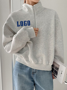 เสื้อฮู้ดดี้ผู้หญิงทรงโอเวอร์ไซส์สีเทา สไตล์วินเทจ ครอปครึ่งซิป ไหล่ตก ผ้าคอตตอนฟลีซหนานุ่ม สตรีทแวร์ พูลโอเวอร์ - Product Image 2