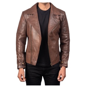 Veste moto en cuir véritable marron pour homme, coupe ajustée, col rabattu, fermeture éclair, manches classiques, style automne - Product Image 1
