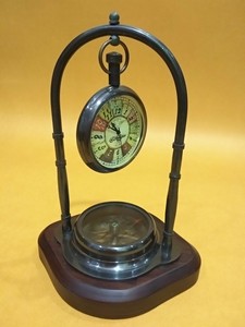 Antique Brass Mechanical Compass Desk <b>Clock</b> Hourly <b>Chiming</b> Silent Movement Vintage Nautical Design Wooden Base for Home Office - Product Image 2
