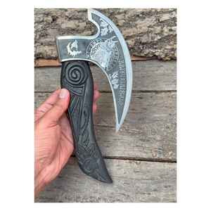 Handcrafted Builder's Hatchet Engraved Carbon Steel Blade (3 5/8in) Carved Wood <b>Handle</b> 3-Year Warranty for Camping Survival Use - Product Image 1