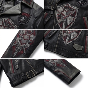 Blouson moto en cuir noir pour homme avec motif de bouclier brodé et accents rouges, col rabattable, fermeture éclair - Product Image 6