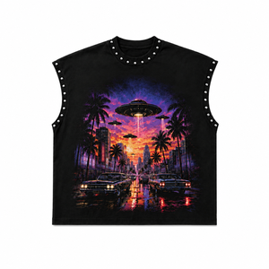 Camiseta sin mangas con cuello redondo y estampado de UFO City, ribete de diamantes de imitación, transpirable, estilo urbano, 100% algodón, corte holgado para hombre - Product Image 1