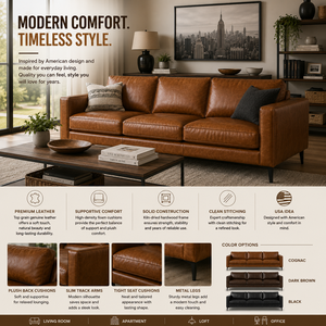 Modern Genuine Leather <b>Sofa</b> 3 Seater Mid Century Modern Couch with Slim Track Arms and Metal <b>Legs</b> <b>for</b> Living Room Furniture - Product Image 3