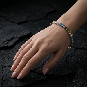 Pulsera de tenis de moissanita de corte redondo arcoíris en plata 925 con baño de oro y cadena colorida, brazalete chapado en rodio, joyería para mujer, ideal para fiestas. - Product Image 3