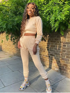 Ensemble de survêtement en molleton uni pour femme, automne, pull à manches longues, haut court et pantalon de survêtement, tenue respirante en 2 pièces - Product Image 1