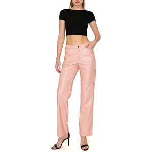 Pantalones de Cuero Ecológicos y Transpirables para Mujer, Cintura Alta, Corte Regular, Elásticos, de Cuero Sintético, Rectos, Casuales, Estilo Urbano - Product Image 4
