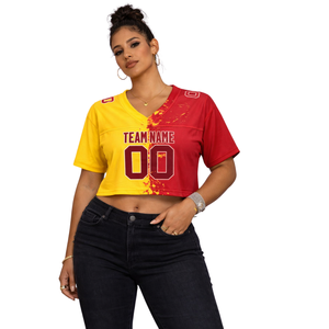Women Yellow Red Crop Football Jersey V Neck Custom Name Number Short Sleeve Sports Teamwear Top - Product Image 1
