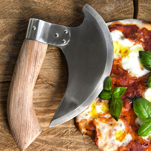 Couteau à pizza Damas personnalisé avec logo, couteau à bascule de cuisine fait main, lame en acier forgé avec étui en cuir - Product Image 2
