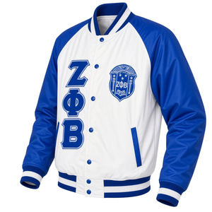 เสื้อแจ็คเก็ตบอมเบอร์สีน้ำเงินรอยัลและสีขาว แบรนด์ Zeta Phi Beta ปักลายตัวอักษรกรีก ติดกระดุมแป๊ก สไตล์เบสบอล เสื้อคลุมสำหรับชมรมนักศึกษา - Product Image 3