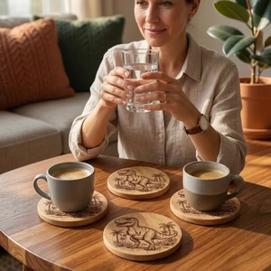 Ensemble de sous-verres carrés en bois avec motif dinosaure, style rustique, faits à la main, antidérapants, finition naturelle, diamètre 10 cm, perles artisanales - Product Image 4