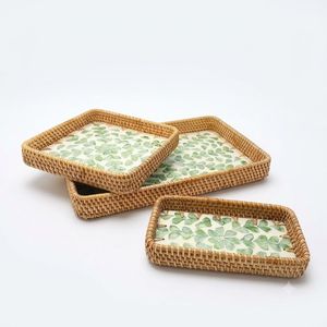 Bandeja de Ratán con Incrustaciones de Madreperla, Bandejas Decorativas Ecológicas con Incrustaciones de Conchas para Decoración del Hogar, Resorts y Hoteles - Product Image 3