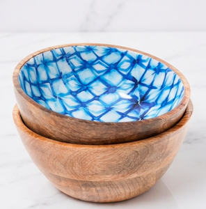 Handmade Acacia Wood <b>Bowl</b> Set With Blue Geometric Patterned Interior For Home Use And Dining Use - Product Image 1