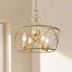 Open cage brushed brass drum chandelier with four candle <b>light</b> fixtures, available at wholesale prices. - Product Image 1