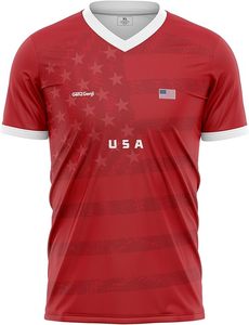 Camiseta de Fútbol Roja GSNZGenji USA, Cuello en V, Manga Corta, Poliéster Resistente, Ropa Deportiva para el Día Nacional - Product Image 1